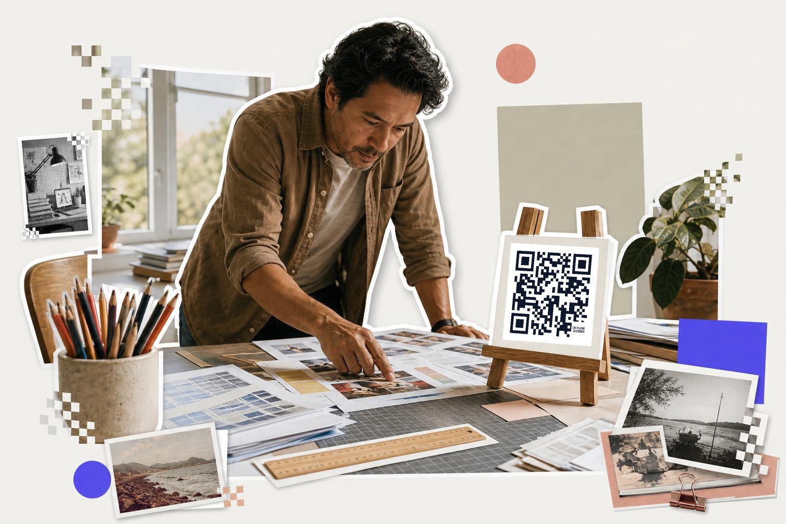 Man leaning over printed proof sheets at a studio table, a QR code card standing on an easel beside a ruler and pencils