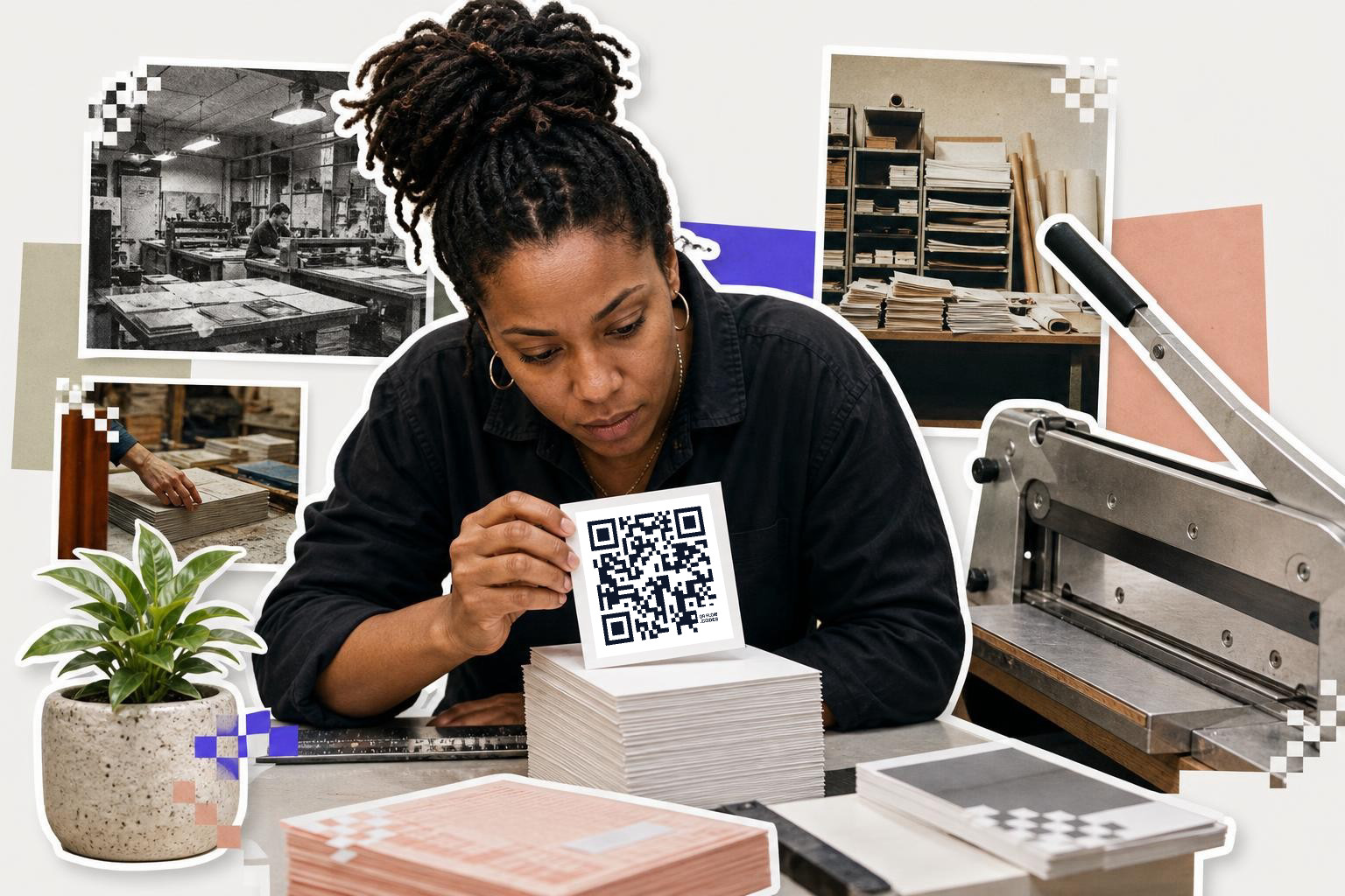 Woman checking a freshly cut QR code card at a print shop counter, a stack of cards and a paper cutter beside her