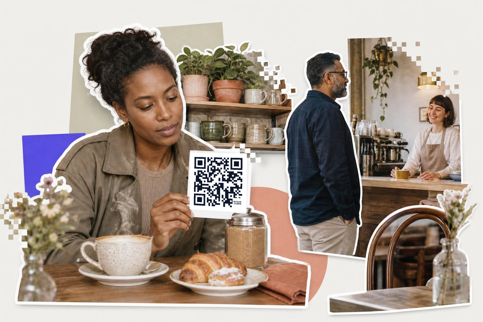 Woman holding QR code card at a cafe table with coffee and croissant, man talking to barista.