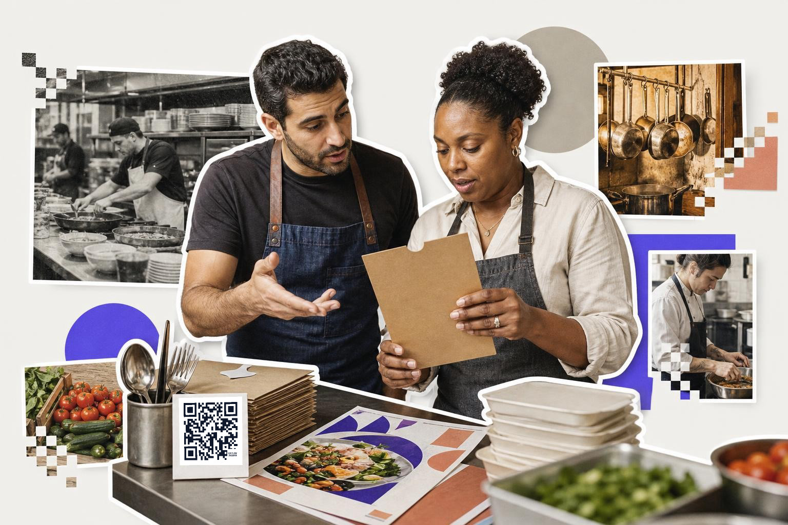 Two chefs in aprons discuss a menu in a kitchen with a QR code on the counter.