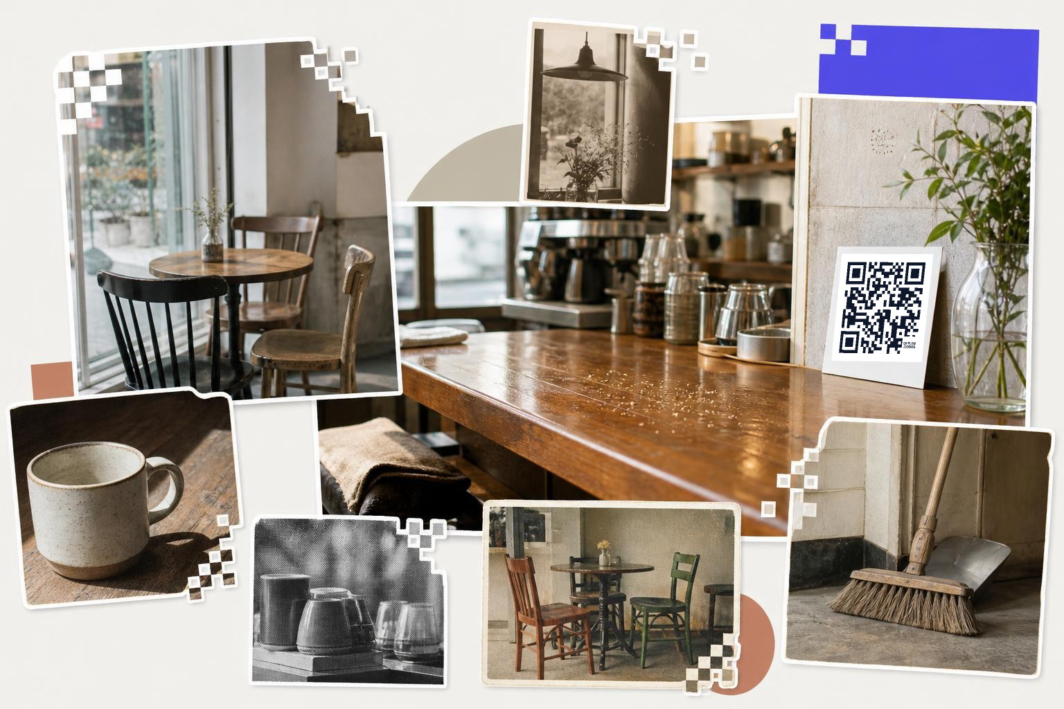 A cozy cafe with wooden tables, chairs, a broom, and a QR code card standing on the counter
