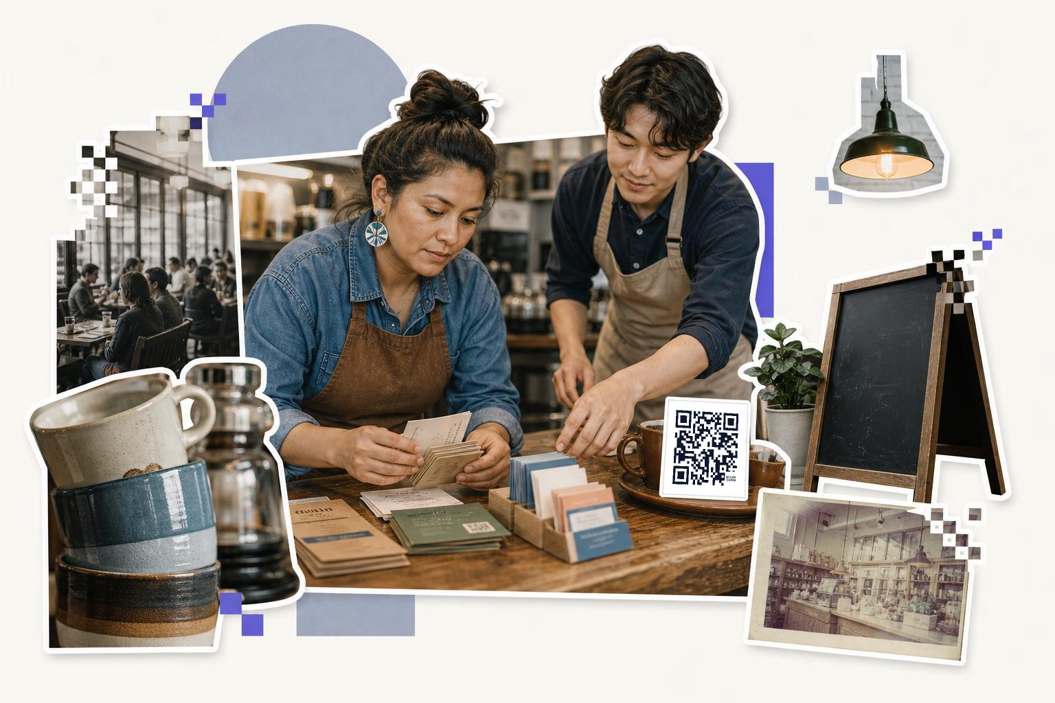 A woman and a man in aprons organize printed cards on a wooden table in a café, with a QR code visible on a card.