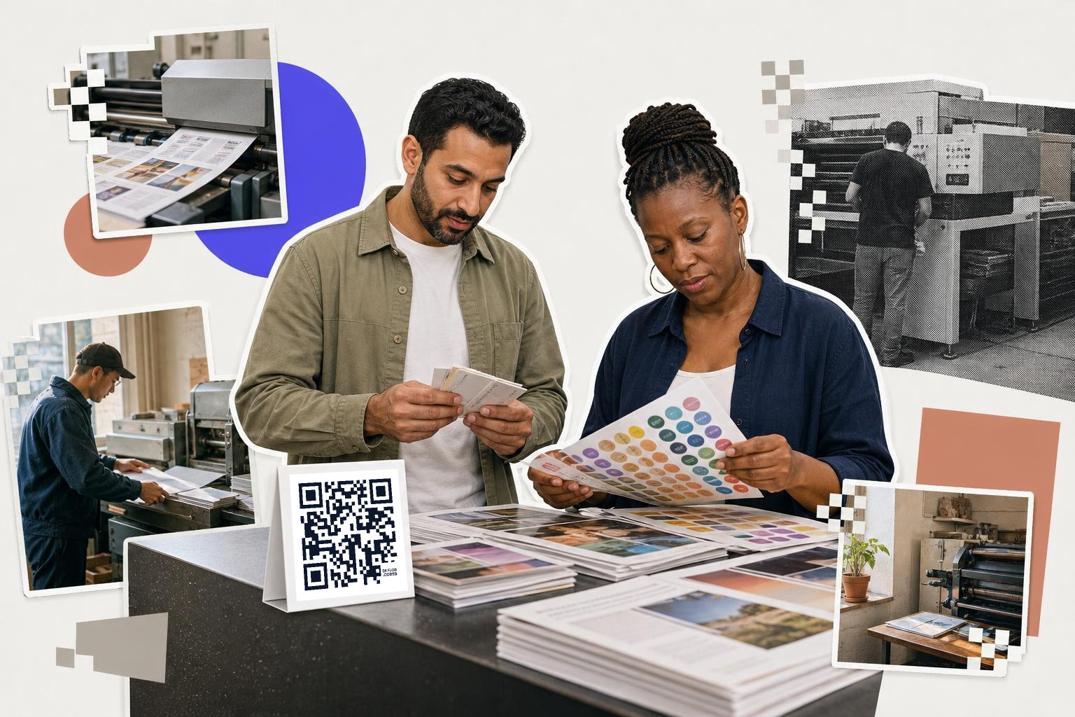 Two people examine printed materials at a table with a QR code card displayed.