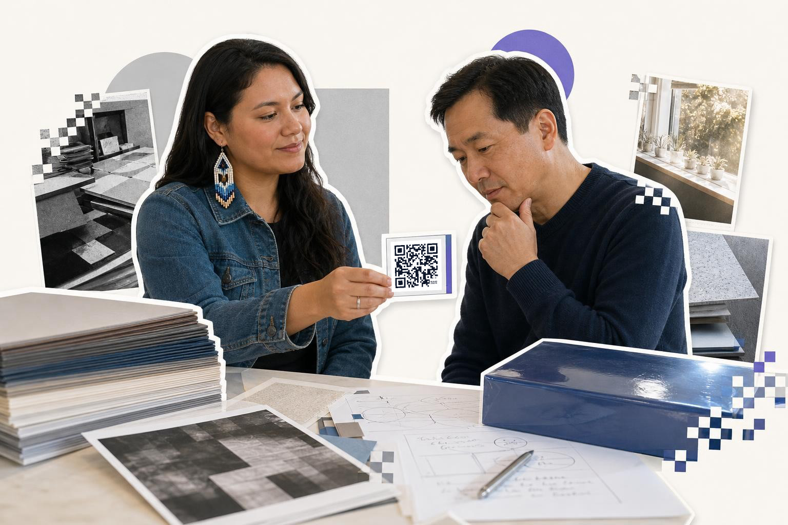 Two people examining a QR code card at a table with design materials and photos.