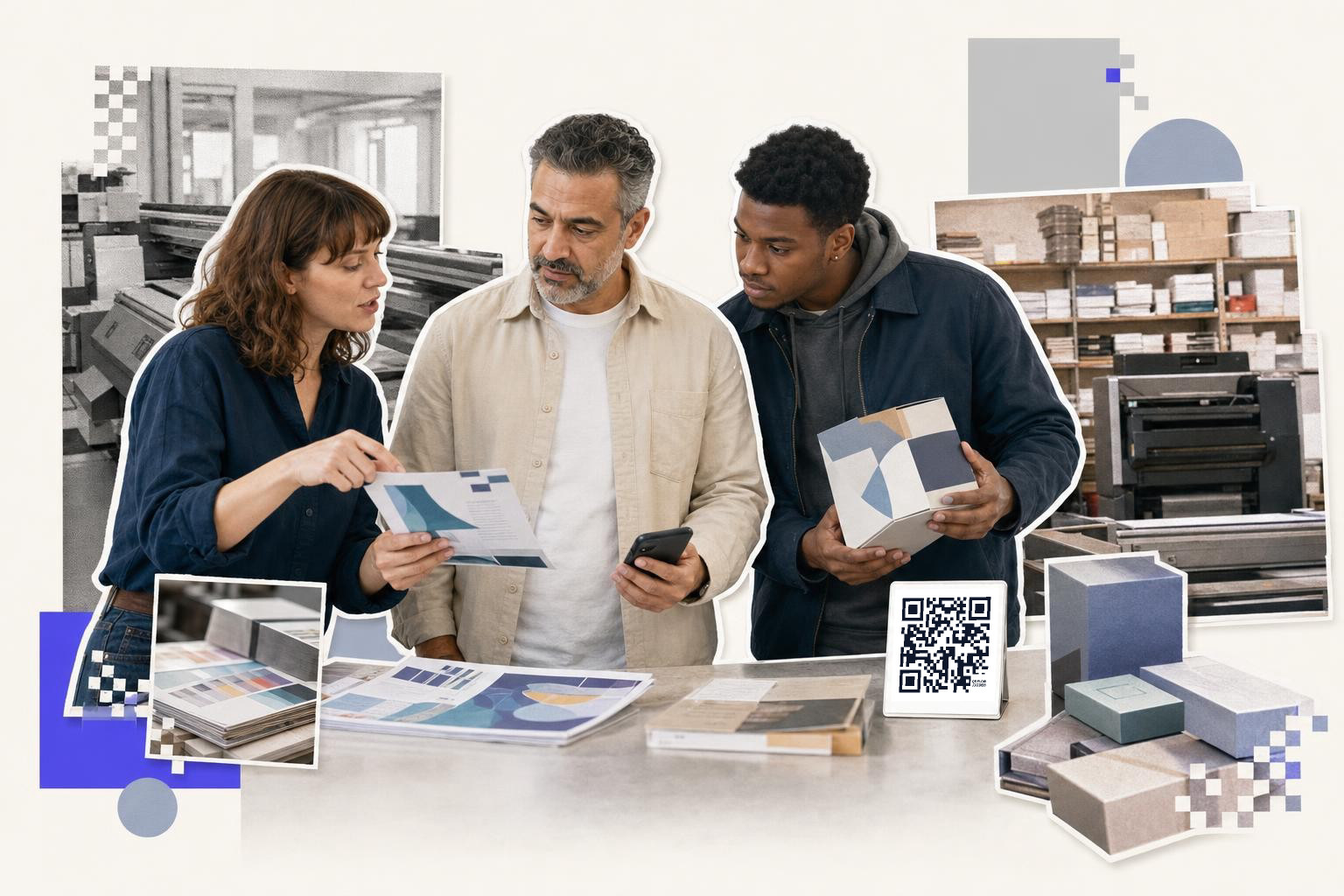 Three people in a print shop discussing designs with a vistaprint QR code card on the table., vistaprint qr code generat