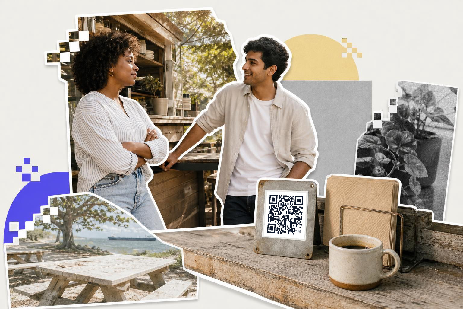 A woman and a man are talking at an outdoor café, with a QR code displayed on a table next to a coffee cup.