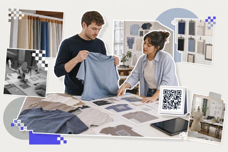 Two people discuss clothing designs with QR code size on apparel in a design studio.