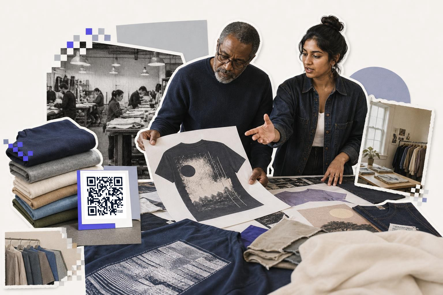 Two people discussing a t-shirt design at a table with a QR code card nearby.