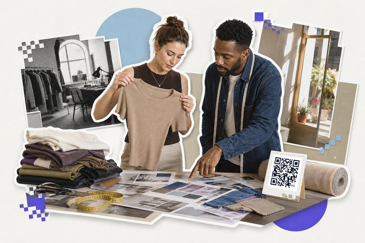 Two people examining fabric samples on a table with a QR code card displayed nearby.