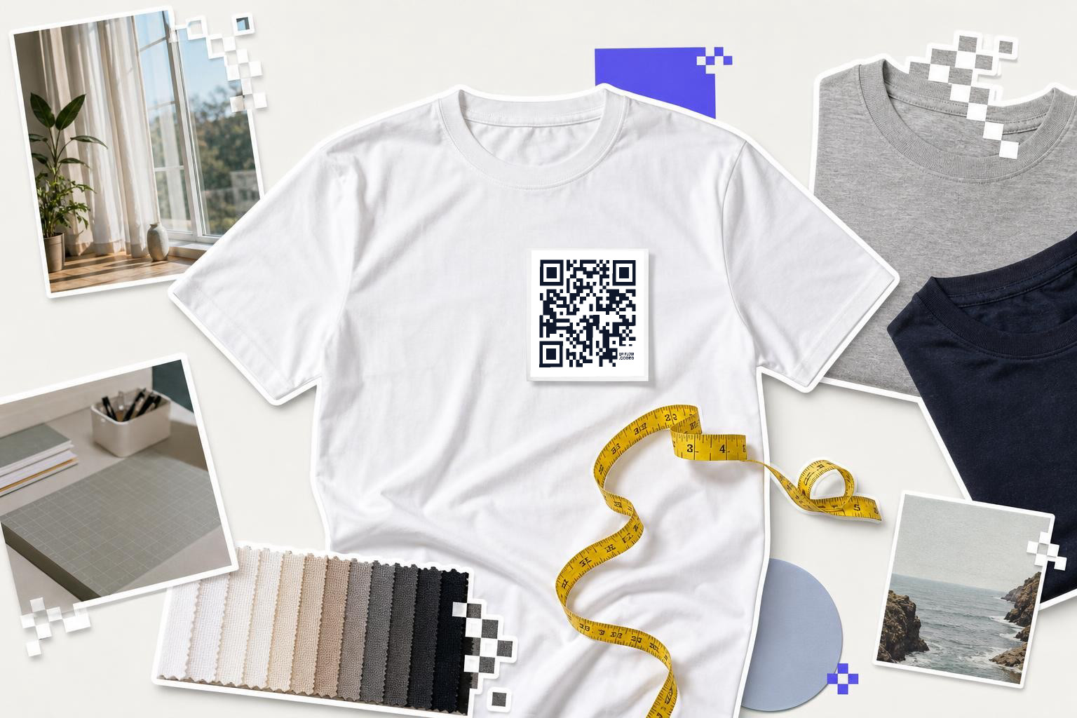 White t-shirt with QR code, measuring tape, fabric swatches, and photos of a window and coastline.