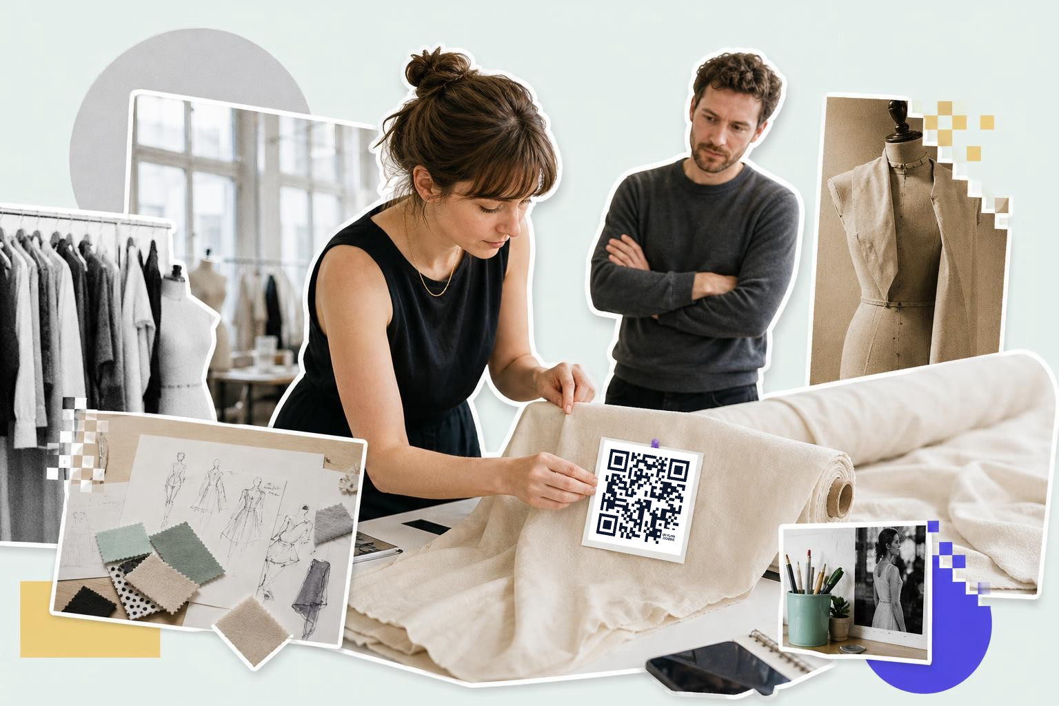 Woman examining fabric with QR code while man observes in a fashion studio setting.