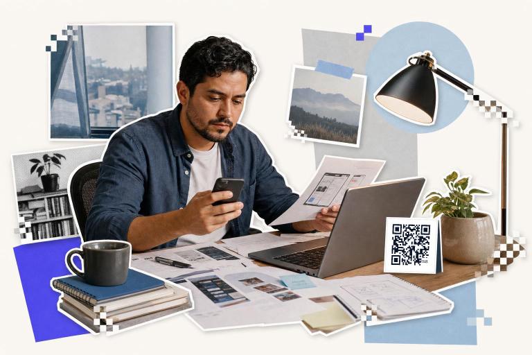 Man at desk with phone and papers, QR code card, learning how to scan a QR code from a screenshot.