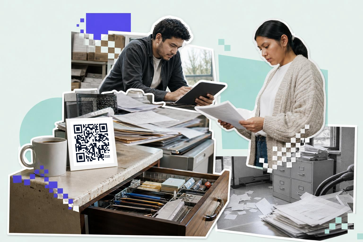 Man using tablet and woman reading papers in cluttered office with QR code on desk.