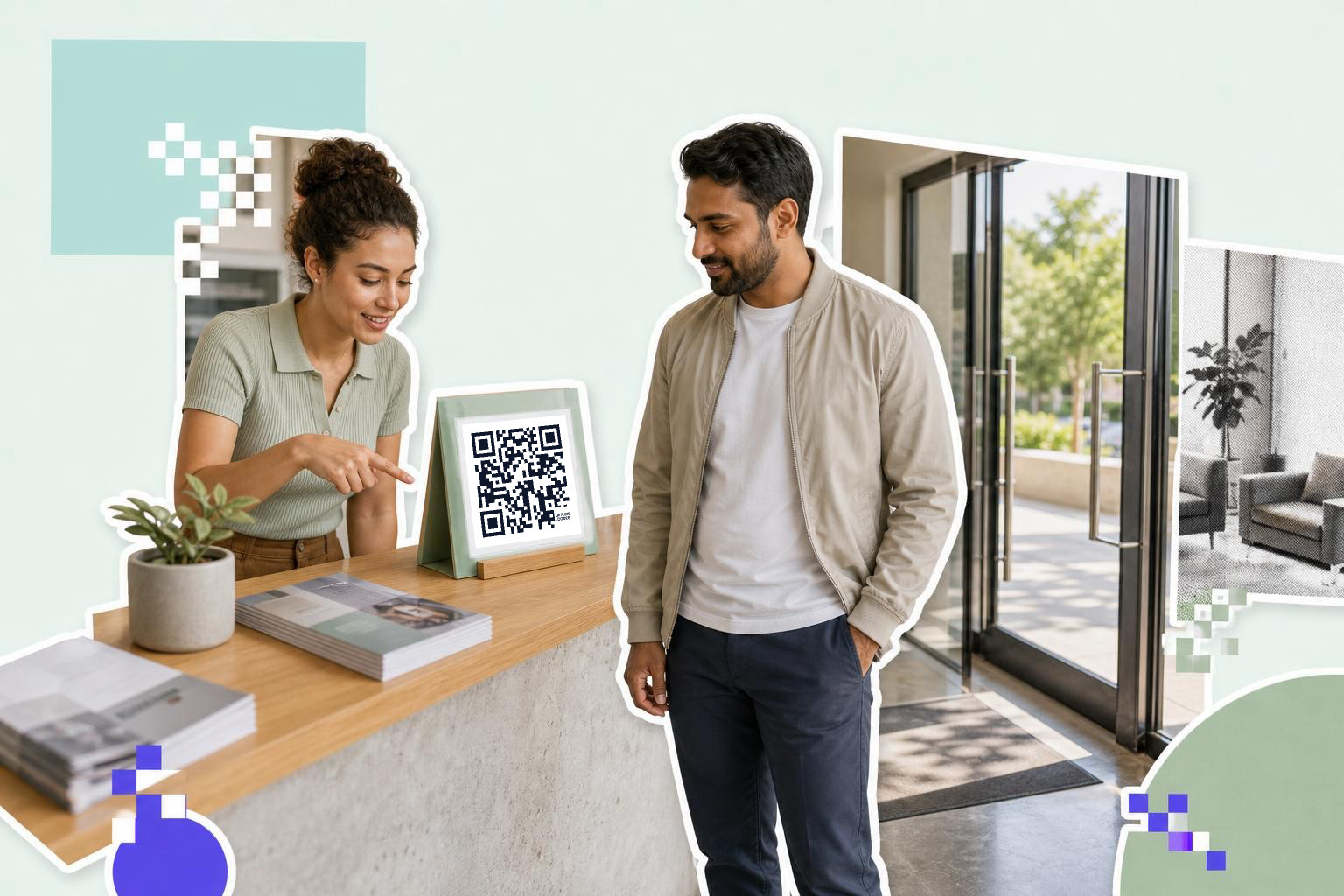 Two people at a counter with a QR code sign, one pointing at it, near an open door.