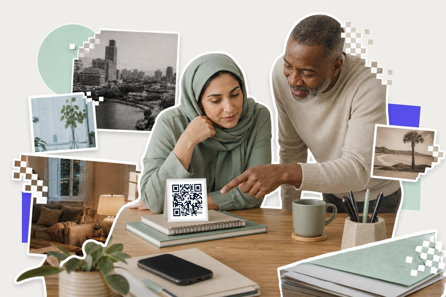 Two people at a table with a QR code card, surrounded by various photo cut-outs.