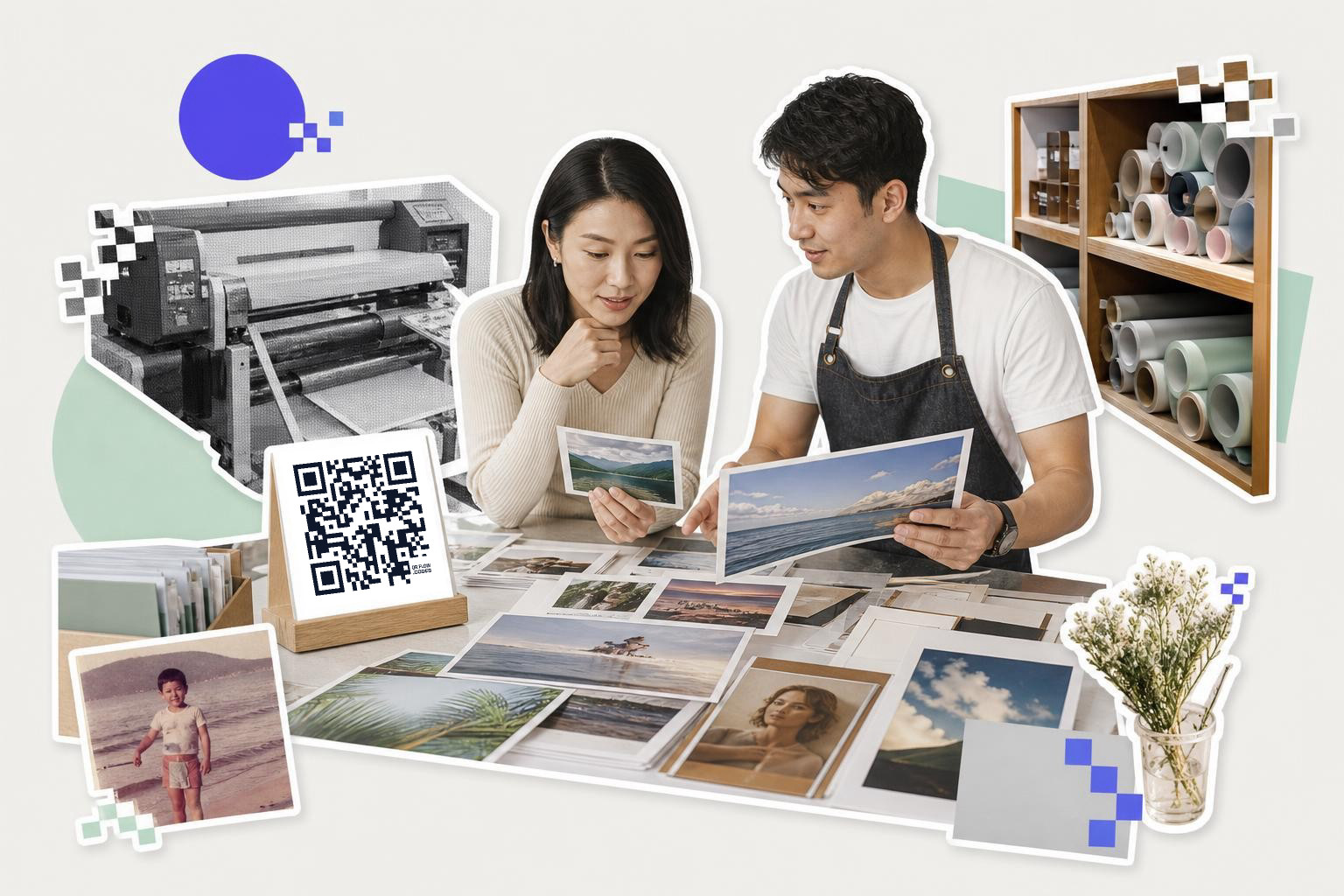 Two people examining photographs at a table with a QR code card and a printer in the background.