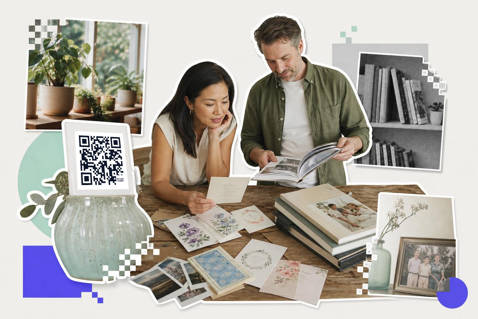 Two people looking at cards and a book on a table with a QR code in a vase nearby.