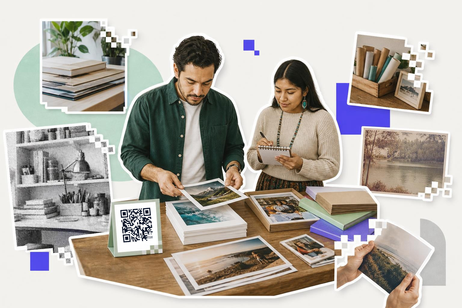 Two people reviewing photographs at a table with a QR code card displayed.