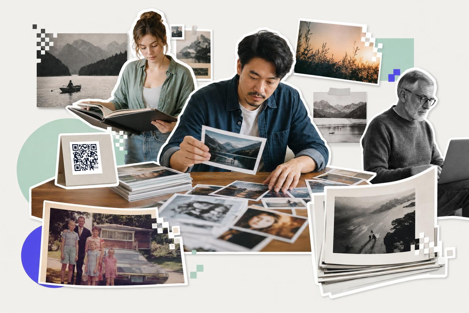Three people reviewing photographs at a table with a QR code for pictures on a card nearby.