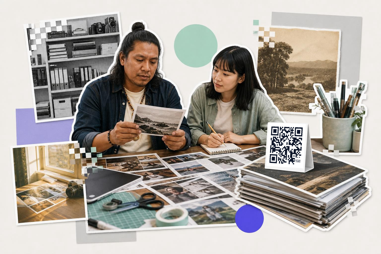 Two people at a table reviewing photographs with a QR code card on a stack of books.
