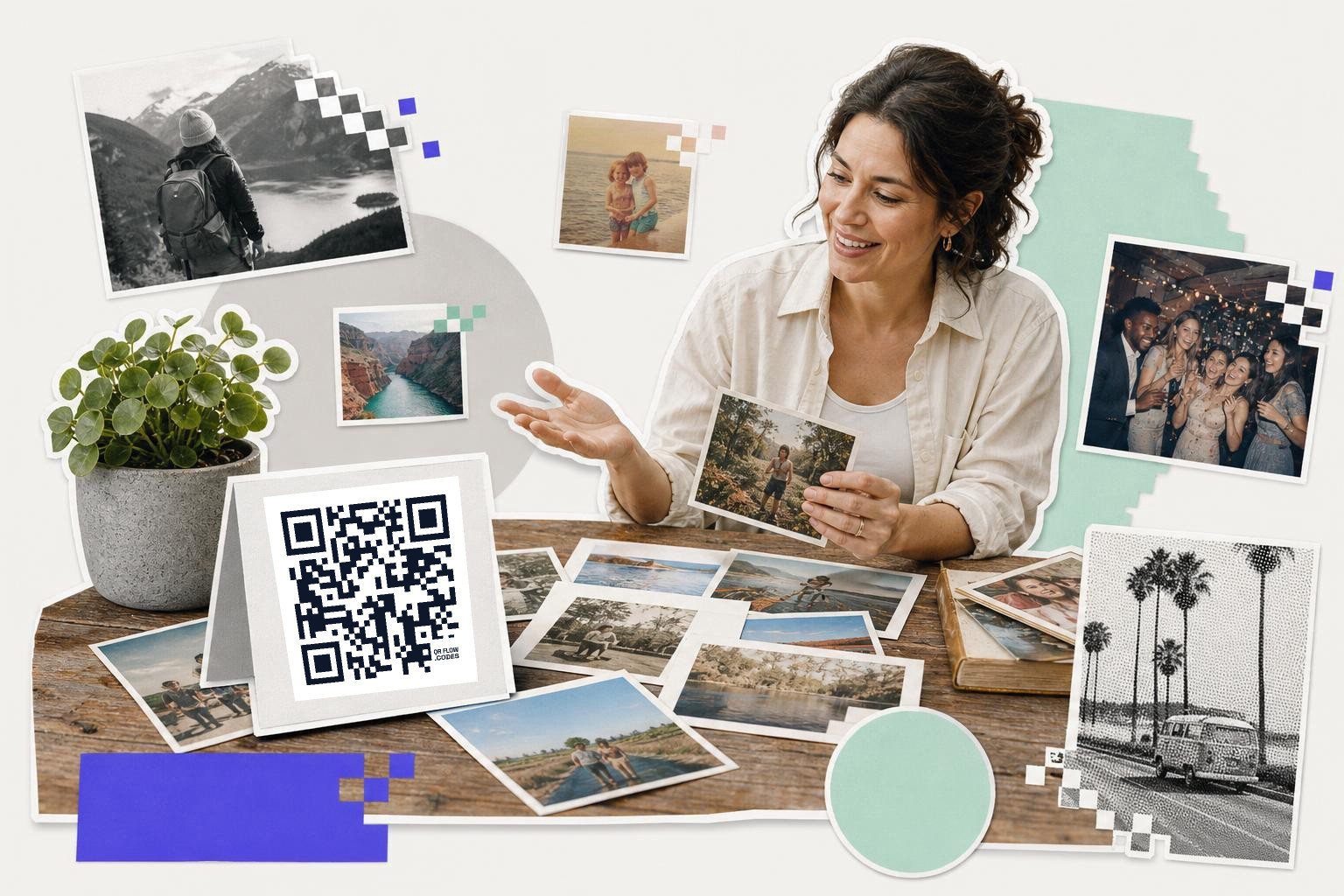 Woman smiling and holding a photo at a table with a QR code card and various photographs.