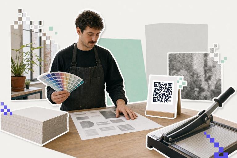 Man in apron holds color swatches beside a table with accessible QR codes for colorblind users and paper cutter.