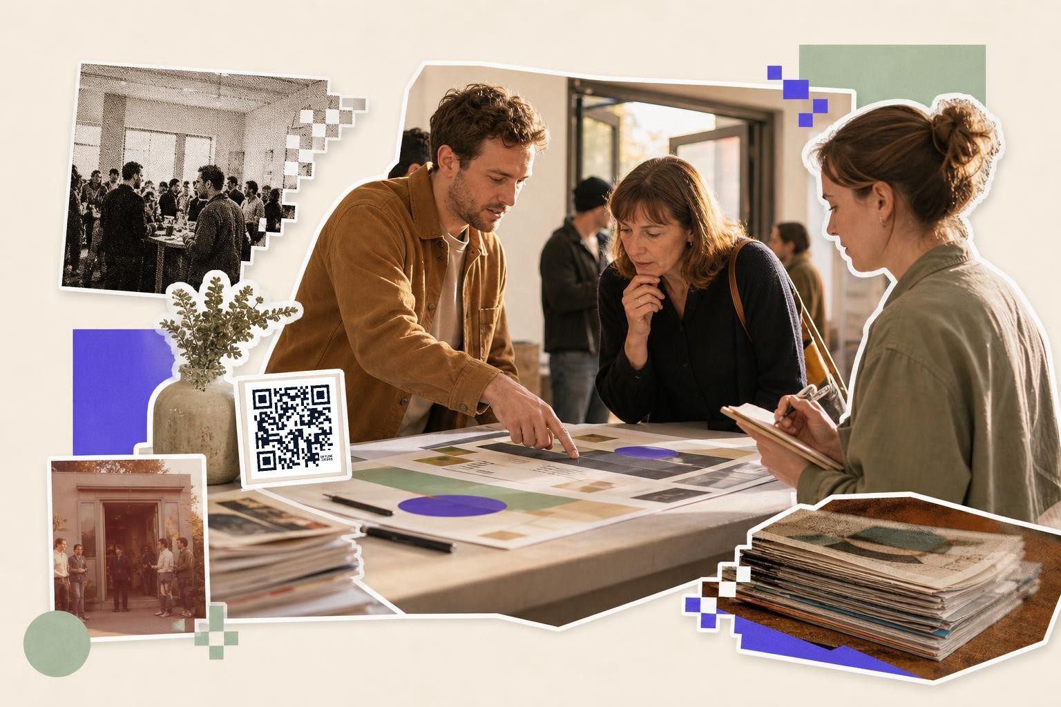 Three people discussing a design at a table with a QR code card nearby.