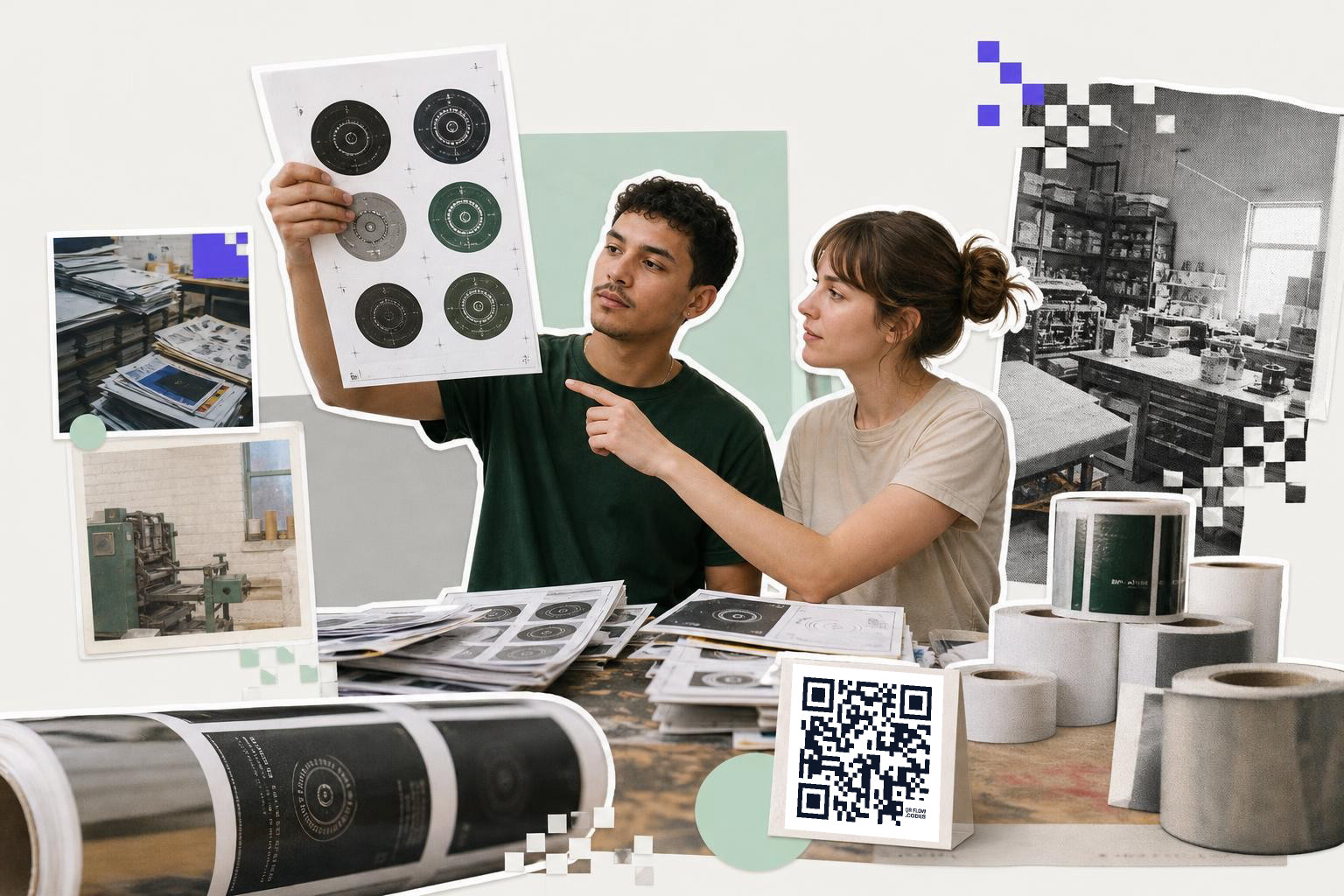 Two people examining a print sheet in a workshop with a QR code on a table.