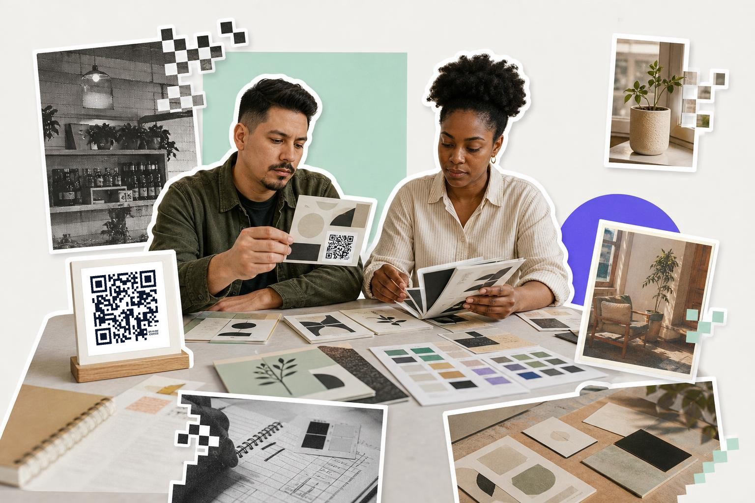 Two people reviewing design samples at a table with a QR code on a stand nearby.