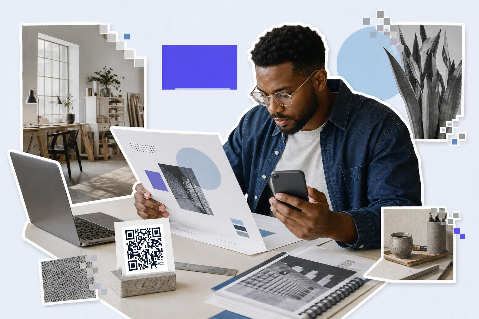 Man holding a phone toward a poster proof at a studio desk, a printed QR code card standing in a small easel beside it