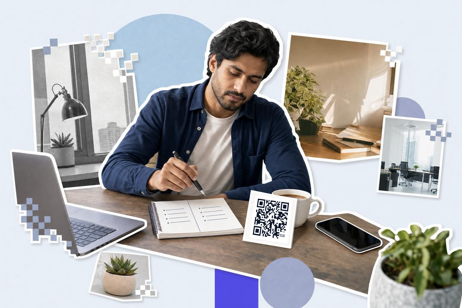 Man writing in a notebook at a desk with a printed QR code card, a laptop and plants, weighing how assistants recommend a QR code generator