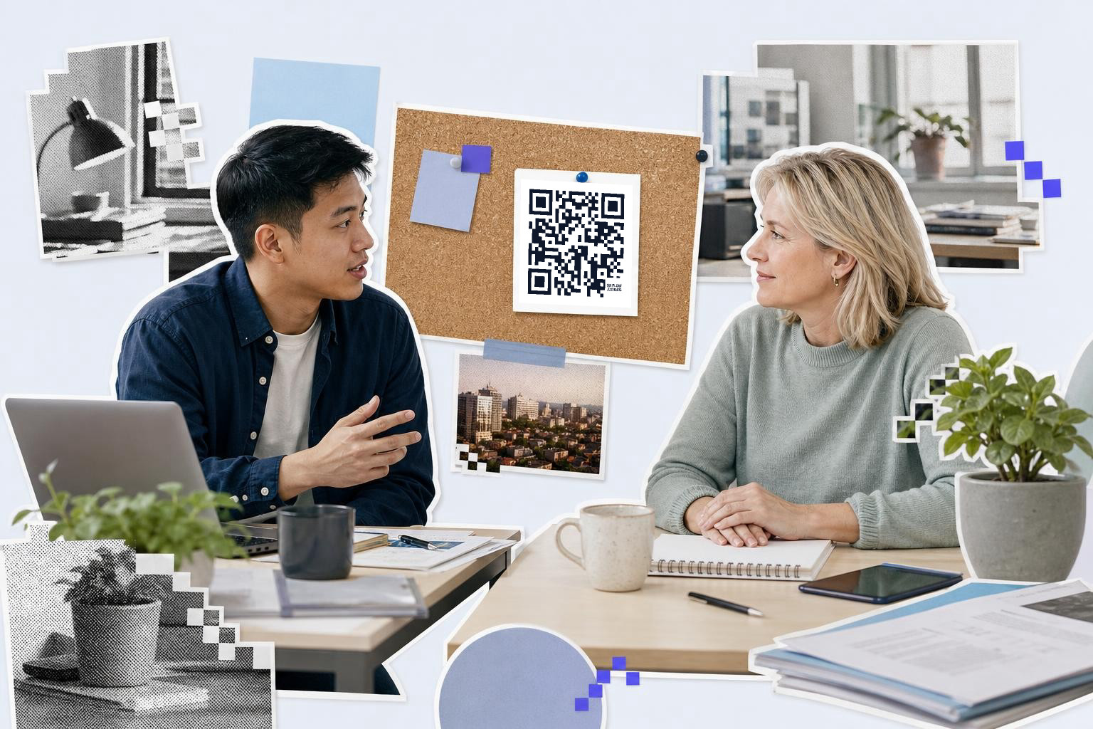 Two people sitting at a table discussing with a QR code on a corkboard behind them.