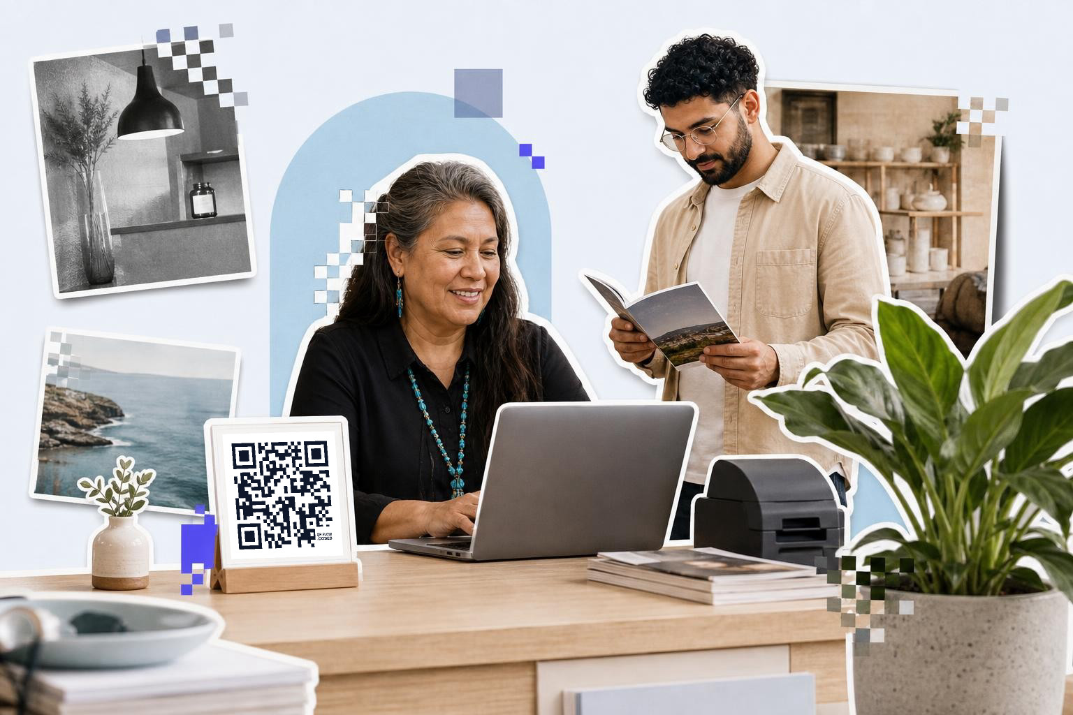 Woman using a laptop at a desk with a QR code card, man reading a book beside her.