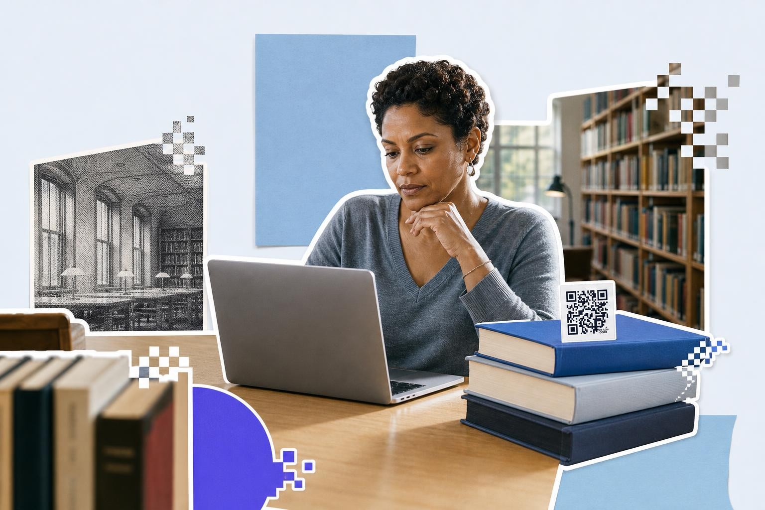 Woman at a library reading table using a laptop, a printed QR code card tucked into a stack of three books beside her