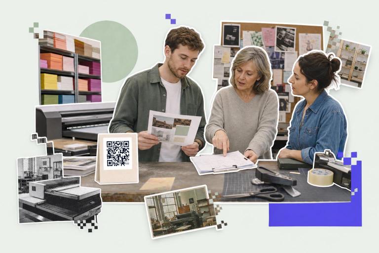 Three people discuss documents at a table with a free QR code generator no sign up no expiration card.
