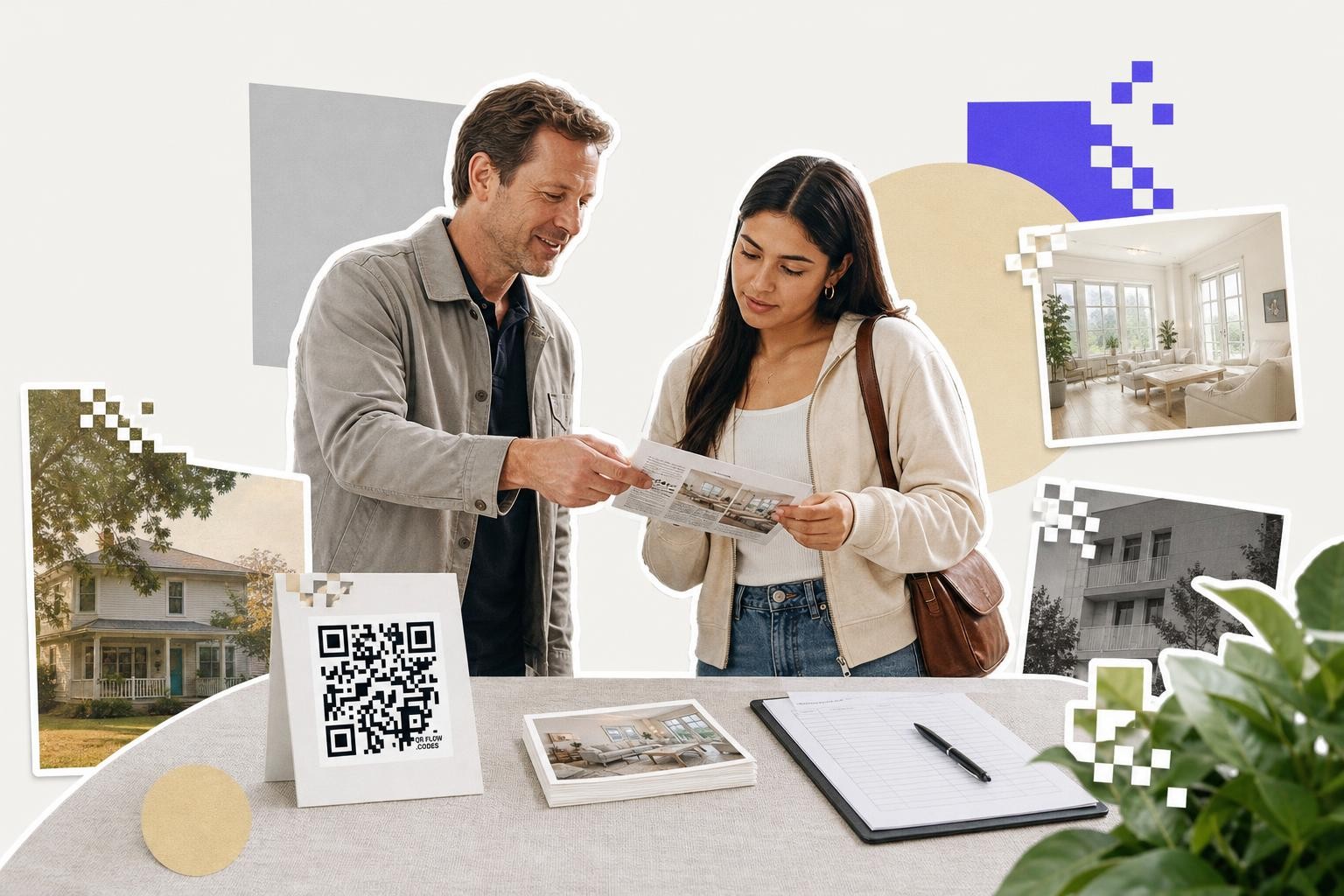 Two people examine a brochure at a table with a QR code card and house photos.