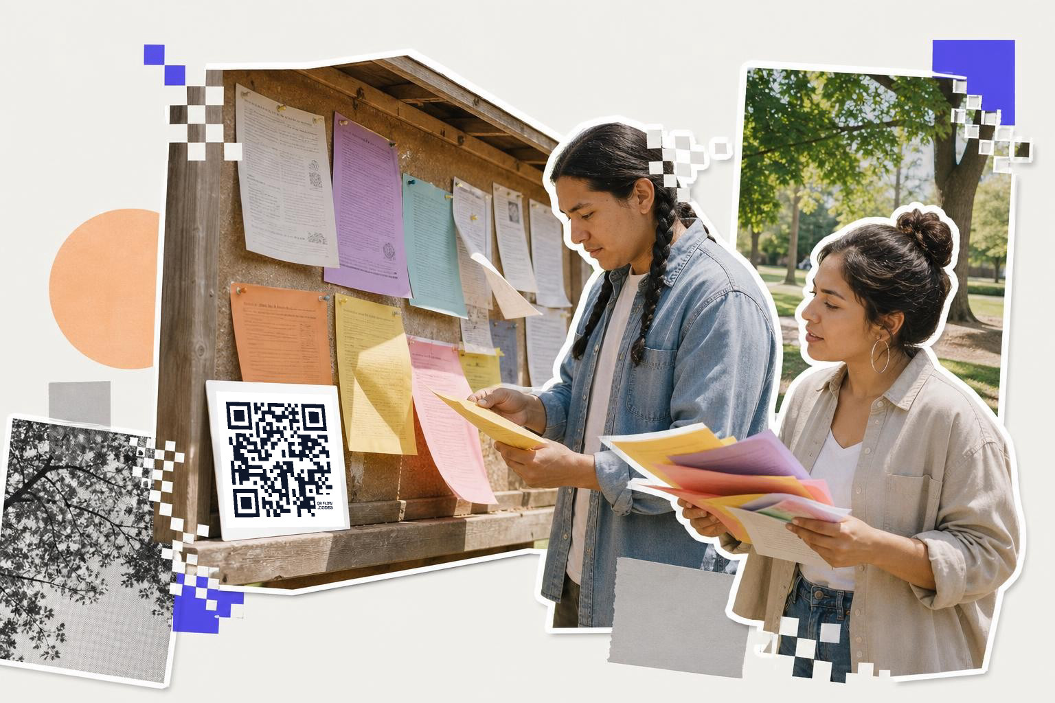 Two people examine colorful papers on a bulletin board with a QR code nearby in a park setting.