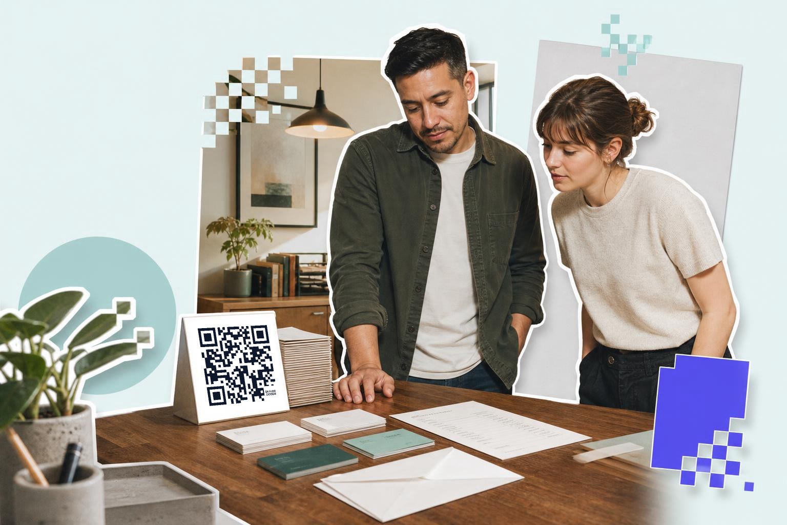 Two people examining documents on a table with a QR code display in a modern office.