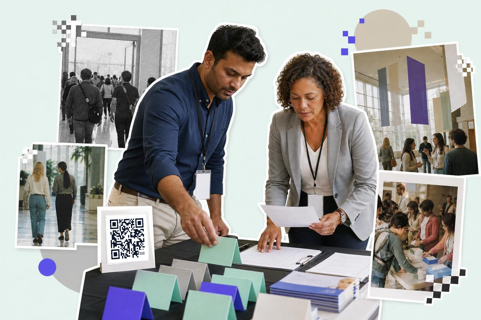 Two people organizing name cards at a conference table with a QR code sign nearby