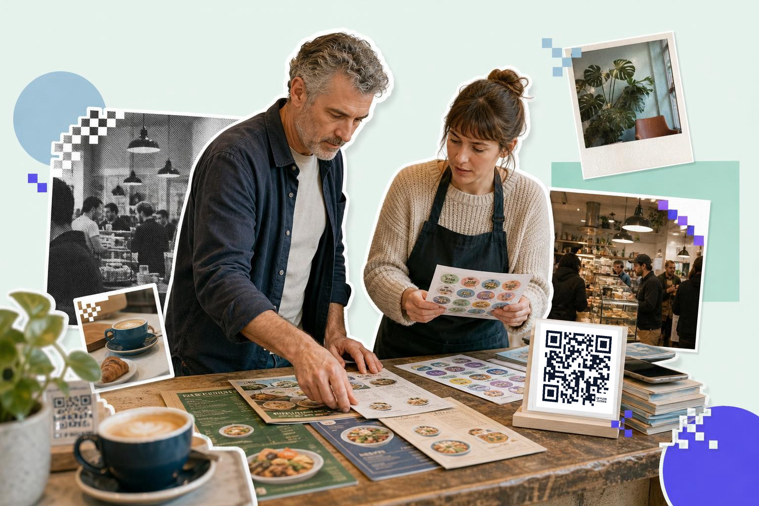 Two people reviewing menus at a cafe counter with a QR code on display.