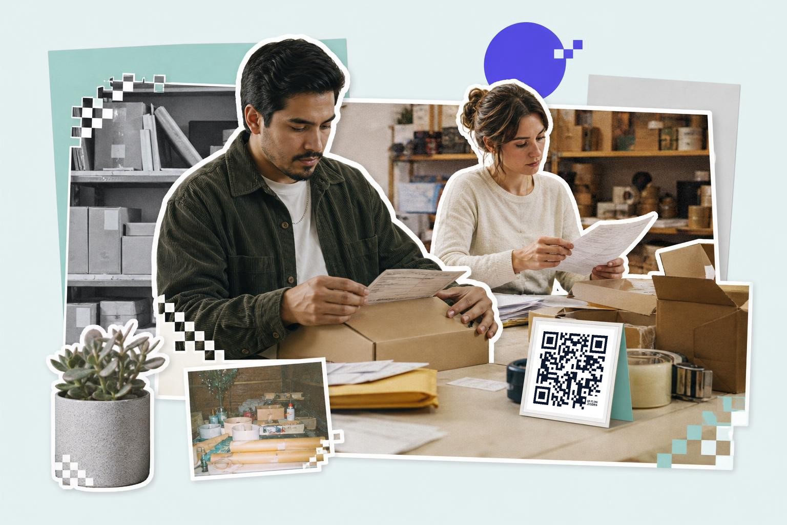 Two people at a table packing boxes with a QR code card displayed nearby.