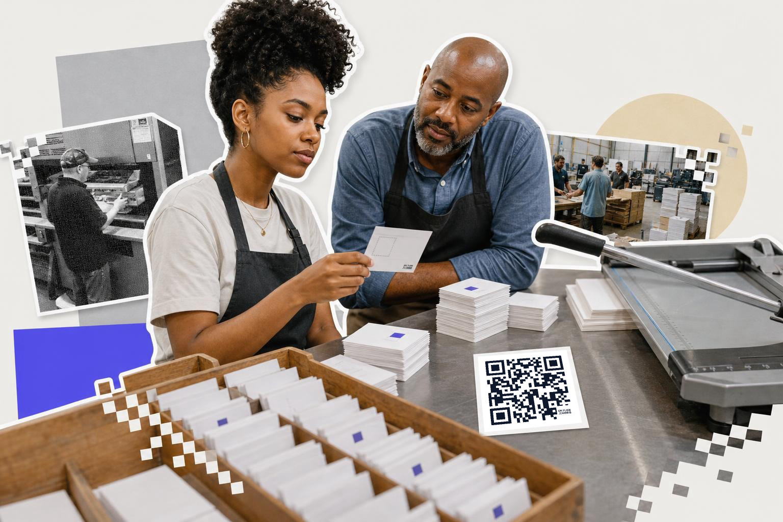Two people in aprons examine cards at a table with a QR code nearby in a print shop.