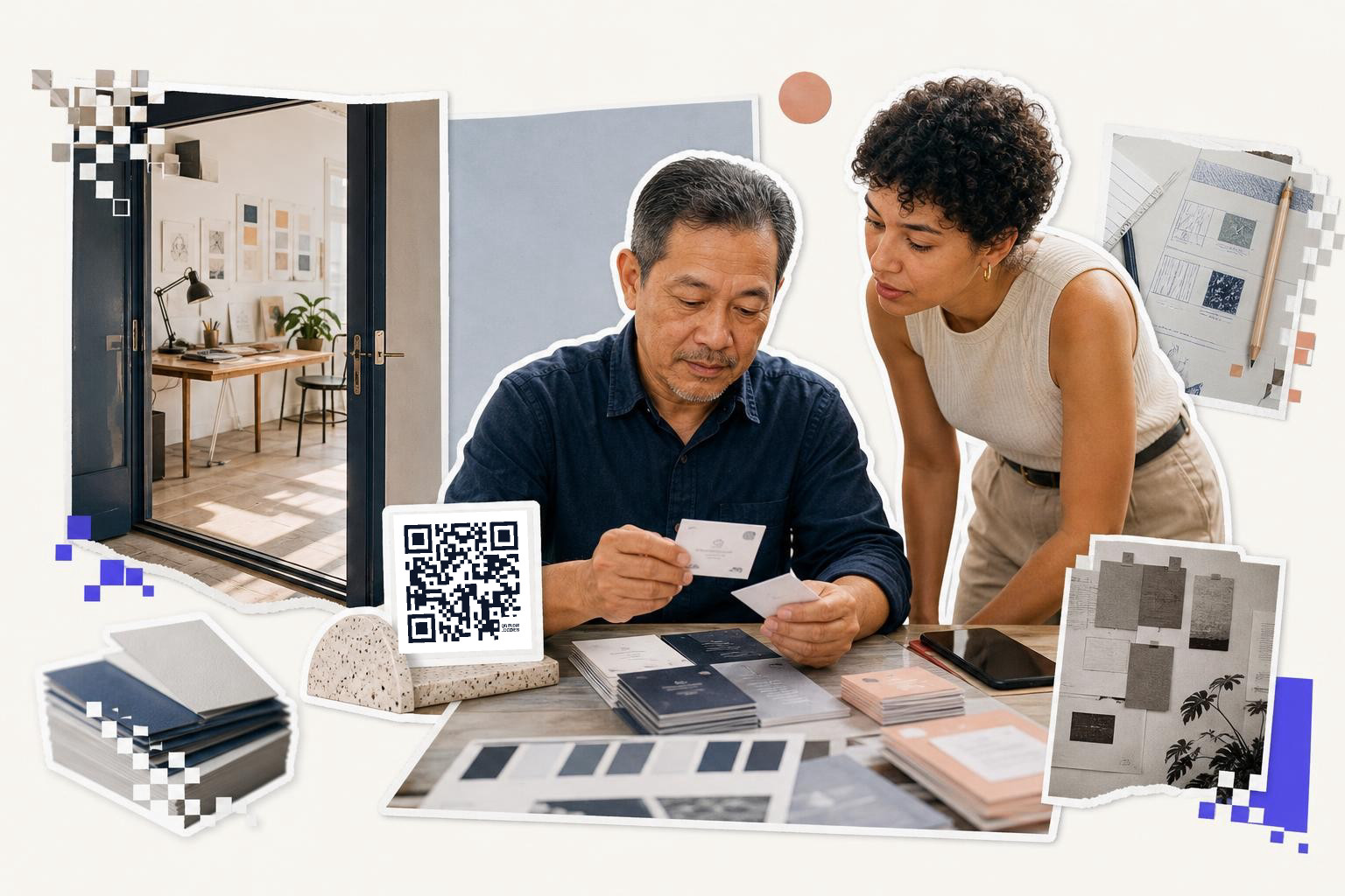 Two people reviewing cards at a table with a QR code on a stand nearby in an office.