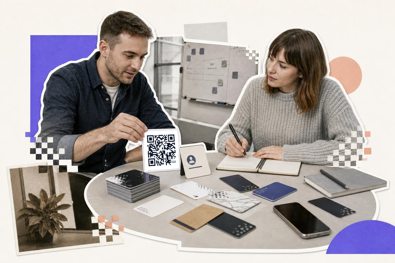 Two people at a table with notebooks and a QR code card, discussing work in an office setting.