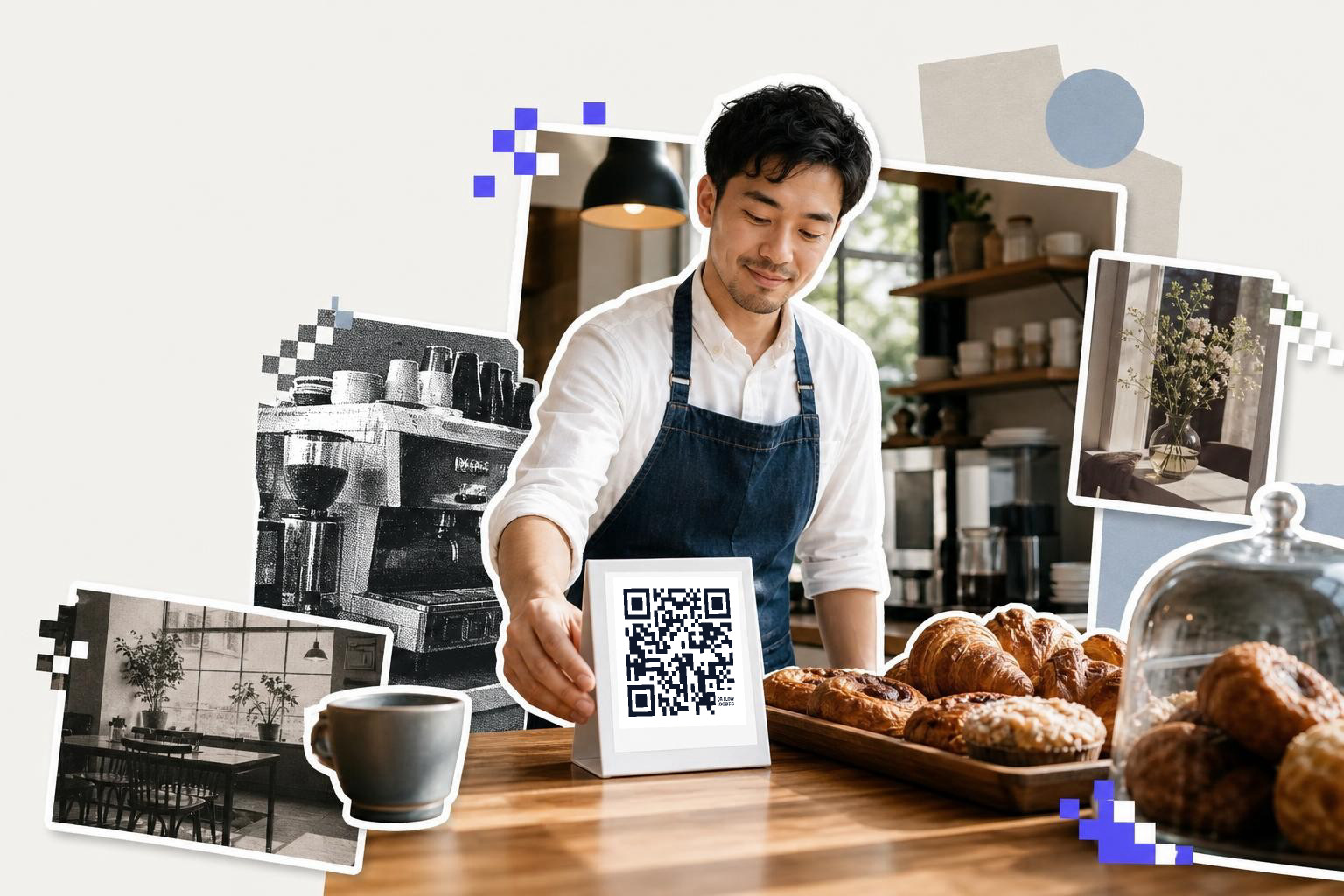 Man in apron placing QR code card on counter with pastries in a cafe setting.