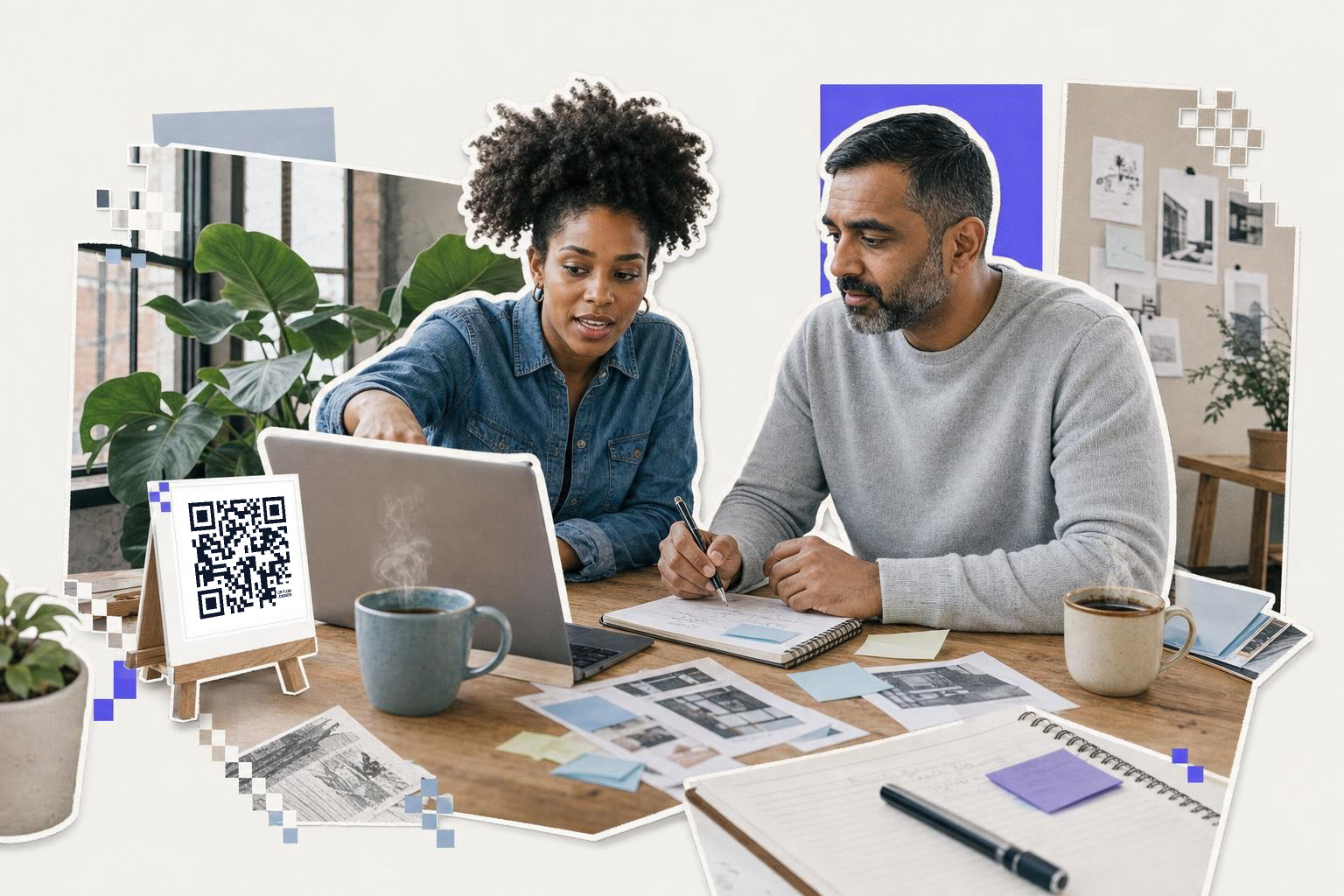 Two people collaborate at a table with a laptop and a QR code card, discussing best MCP servers.