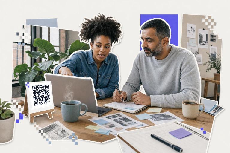 Two people collaborate at a table with a laptop and a QR code card, discussing best MCP servers.