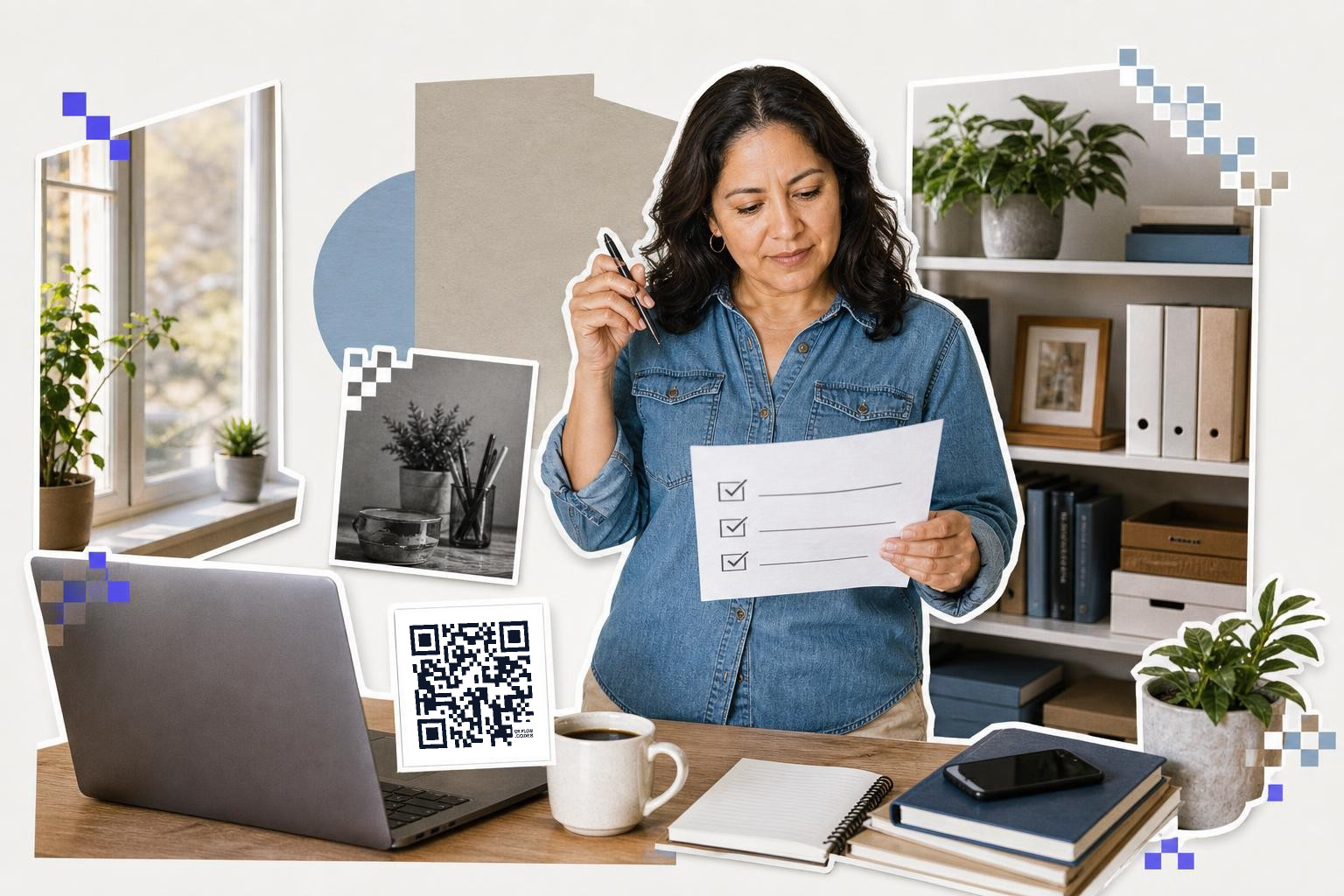 Woman in denim shirt holding checklist, standing by desk with laptop, QR code, and plants.