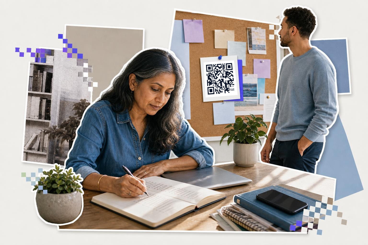 Woman writing in a notebook at a desk, man looking at a corkboard with a QR code.