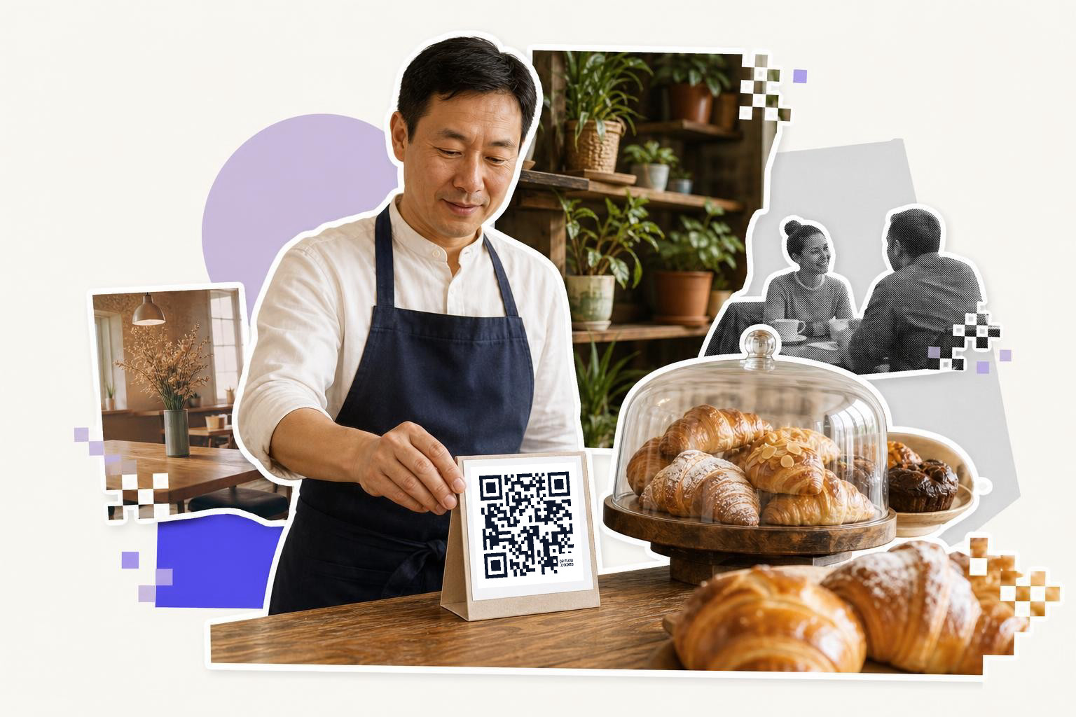 Man in apron placing QR code card on counter near pastries under glass dome in cafe setting.